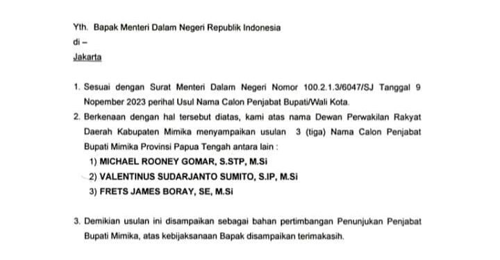 Beredar  Surat Rekomendasi Nama Calon Pj Bupati Mimika yang Ditandatangani Ketua DPRR, Padahal Belum Ada Rapat Pleno