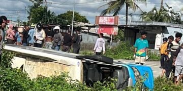 Bus Mini Hilang Kendali Terguling Masuk Parit di Jalan Hasanudin Irigasi Mimika